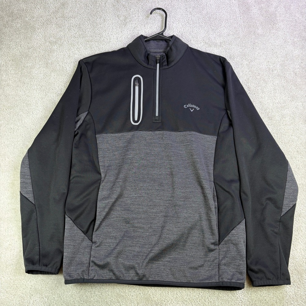 Callaway Mens Medium Golf Quarter Zip Pullover Black Gray Chest Pocket Fleece